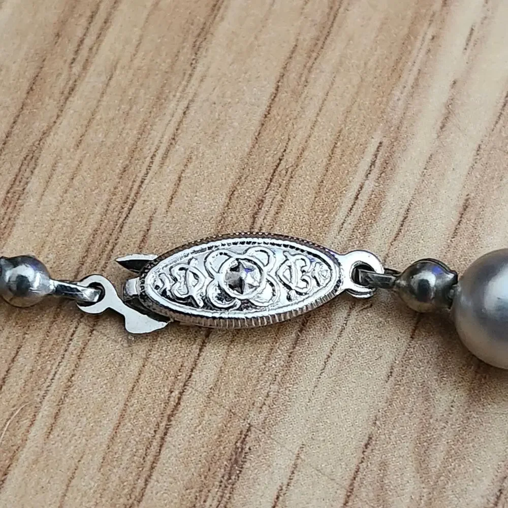Vintage Gray Faux Pearl Strand Necklace Graduated Knotted 24in‎ Fishhook Clasp